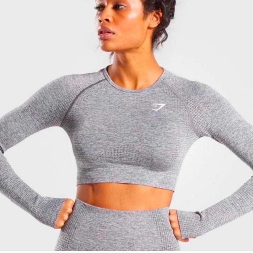 Gymshark‎ women S gray seamless long sleeve crop top thumbholes athletic sport